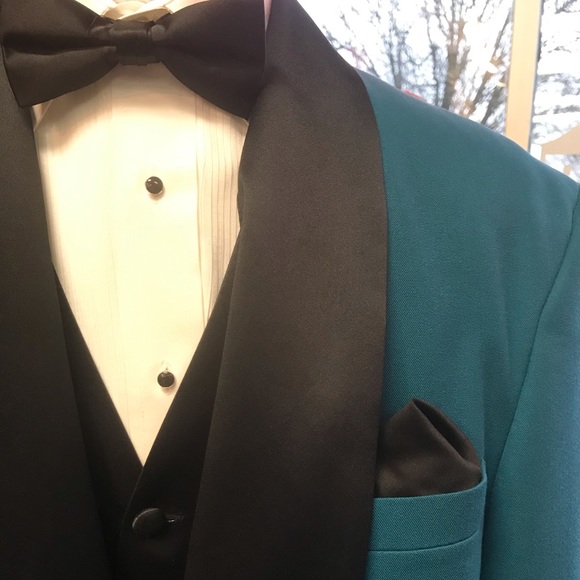 Double Breasted Shawl Teal Tuxedo with Black Trim - Picture 2 of 5